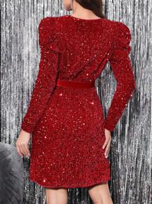 SHEIN Clasi 羊腿袖腰帶亮片洋裝 - 紅色 - 查看 2