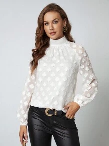 SHEIN Clasi 小高領燈籠袖貼花上衣 - 白色 - 查看 5