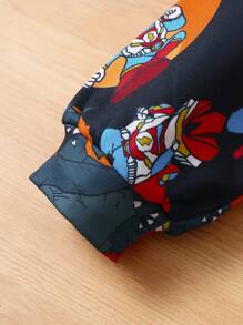 SHEIN 2pcs/Set Young Boy Casual Cartoon Print Hoodie And Fleece Pants Set, Thickened