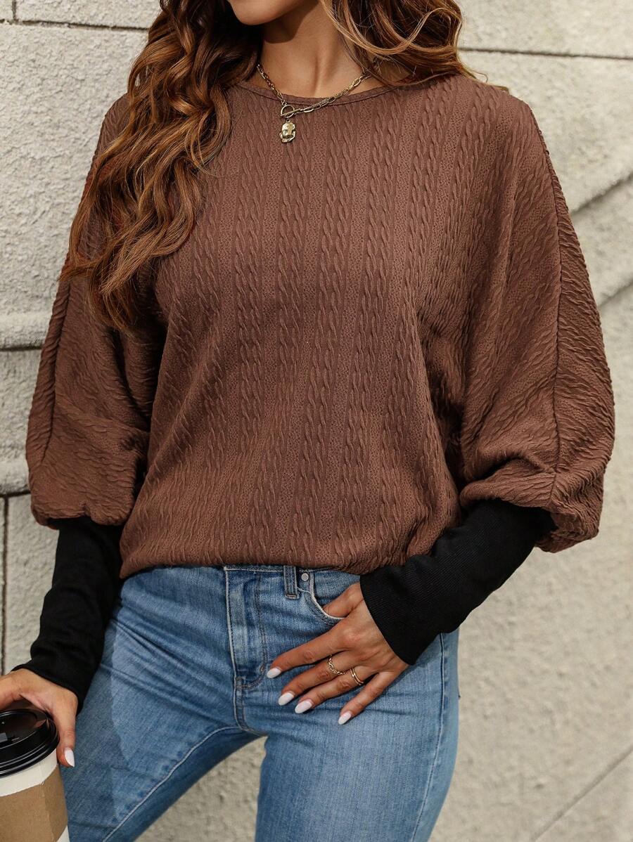 SHEIN LUNE Của phụ nữ Màu tương phản tay cánh Áo nỉ - Màu Khaki - Xem 1