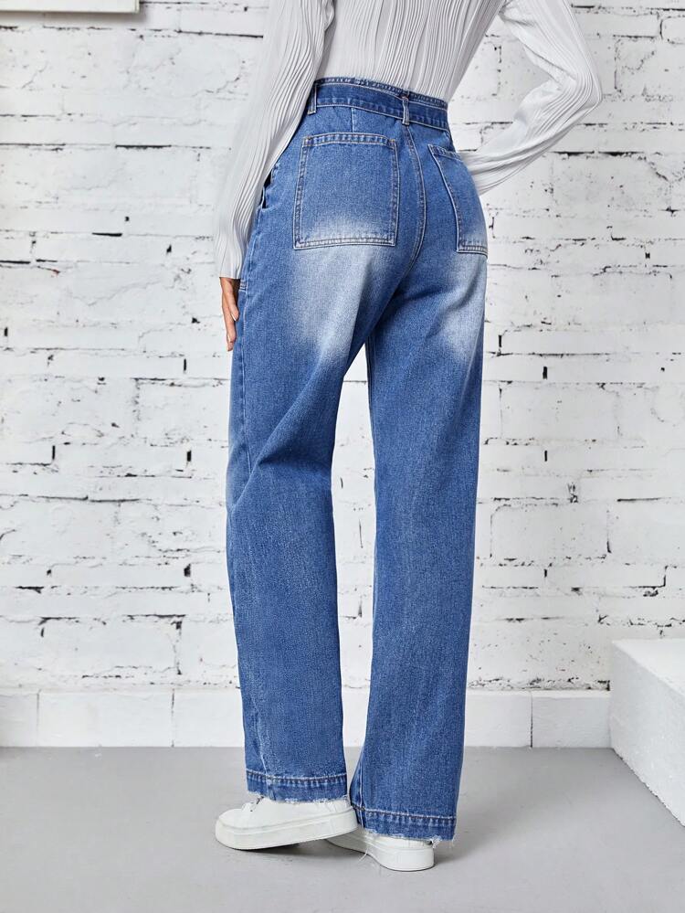 Women's High Waist Belted Pockets Straight-leg Jeans