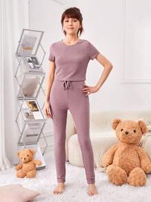 SHEIN 少女針織純色格子呢紋短t恤和長褲套裝,緊身家居服裝 - 藕粉色 - 查看 5