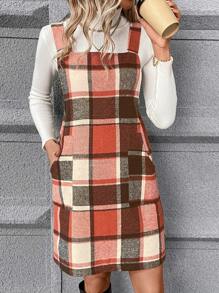 SHEIN LUNE 女士格紋修身背心裙,帶口袋 - 亮橙色 - 查看 1