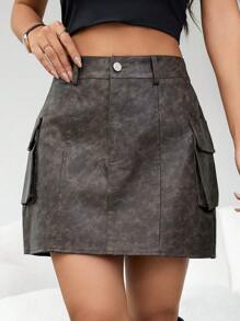 GENKIRA Chân váy da giả đơn giản có túi cho nữ - xanh quân đội - Xem 5