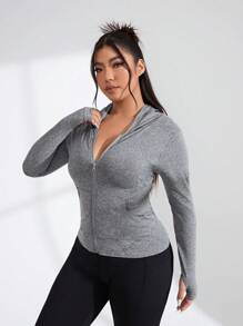 Easithlete 女士大碼帽裝運動夾克 - 灰色 - 查看 6