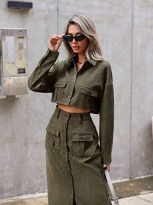 Aveloria Modichic Ladies' Solid Color Button Up Shirt And Split Hem Skirt Set 