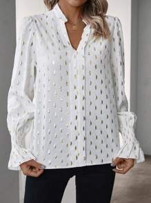 SHEIN Privé V領花卉印花袖口包覆式上衣 - 白色 - 查看 5