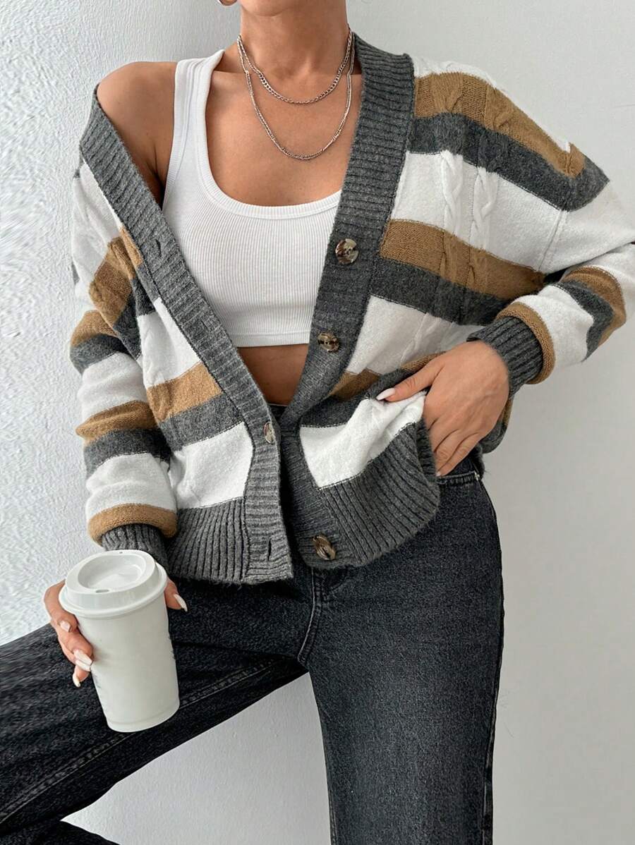 SHEIN Của phụ nữ Sọc Thả vai Áo len Mở - Nhiều màu - Xem 1