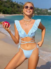 SHEIN Swim 女士条纹荷叶边比基尼套装夏季海滩 - 藍色 - 查看 1