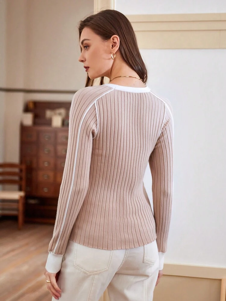 Color Block Knit Cardigan With Ribbed Edges Fall Cloth For Women