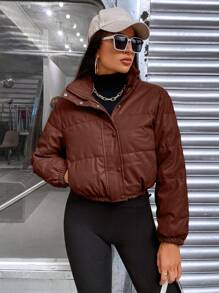 SHEIN EZwear Áo khoác đệm ngắn giản dị màu trơn da PU khóa kéo phía trước cho nữ mùa đông - Cà phê nâu - Xem 7