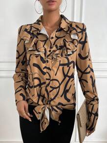 Chiquease Women's Pattern Printed Ruffle Trim Long Sleeve Blouse/shirt