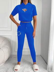 EURMUSE Rhinestone Detail Hooded Tee & Sweatpants - Blue - View 4