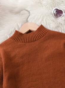 SHEIN Girls' (big) Solid Color Stand Collar Sweater Set - Coffee Brown - View 3