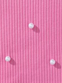 SHEIN Leap Crew 女童休閒街頭風格圓領珍珠釘短袖t恤 - 粉色 - 查看 5