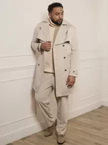 Manfinity VCAY Loose Woven Casual Trench Coat With Belt (Plus Size Men), For Fall Winter - Apricot - View 5