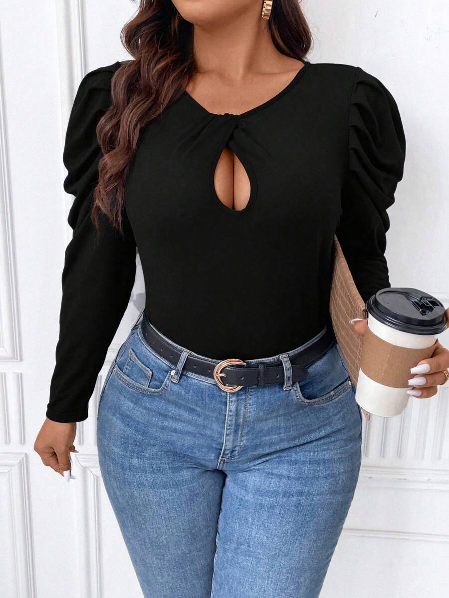 SHEIN Clasi Plus Cut Out Front Gigot Sleeve Keyhole Neckline Tee - Black - View 1