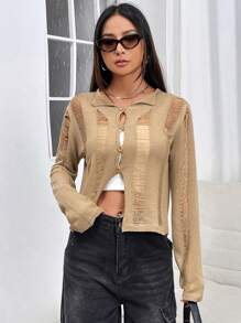 SHEIN Unity Ladies' Solid Color Distressed Casual Cardigan - Khaki - View 5