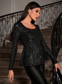 Allurite 女用荷葉邊下擺亮片 T 卹