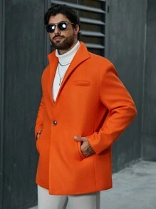 Manfinity Homme 男士大尺寸純色單排扣毛呢大衣 - 橘色 - 查看 3