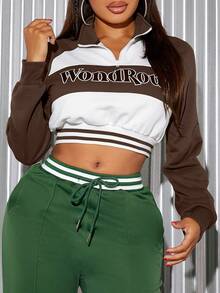 SHEIN SXY Women's Color Block Letter Pattern Half Zipper Cropped Sweatshirt - Coffee Brown - View 4