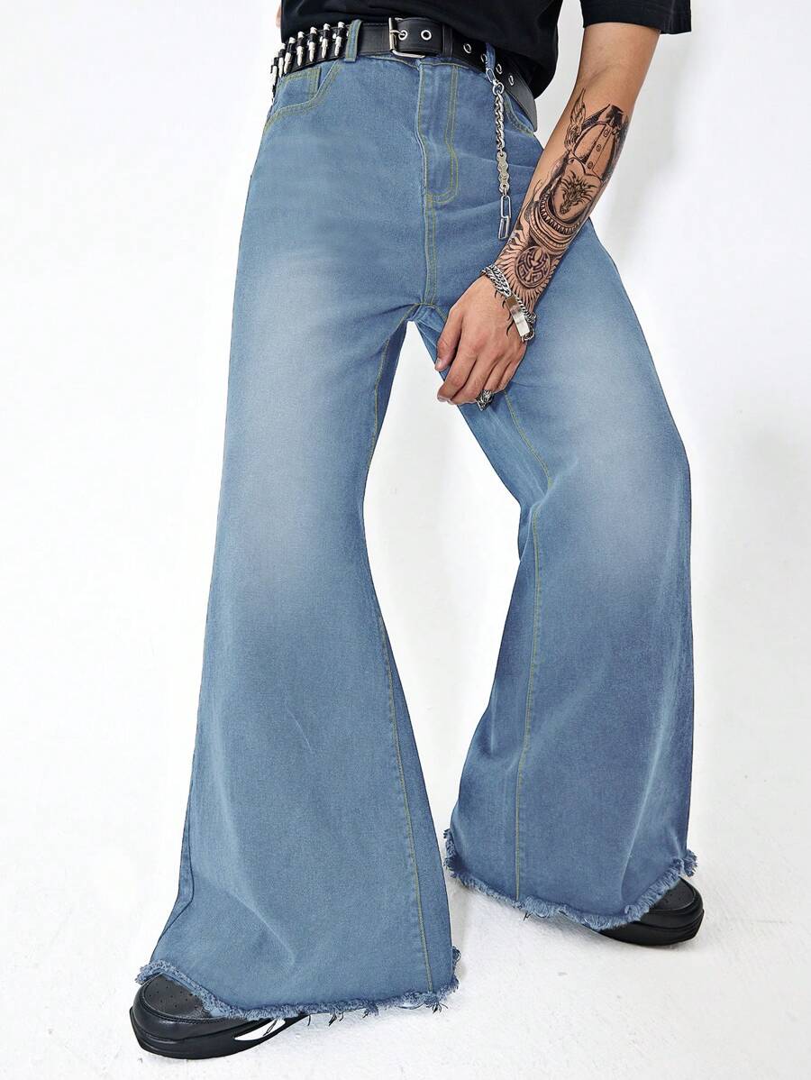 Manfinity EMRG Men's Fashionable Raw Hem Flared Jeans - Blue - View 1