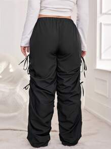 SHEIN Cottnline Women's Plus Size Drawstring Ruched Ripped Pants - Black - View 2