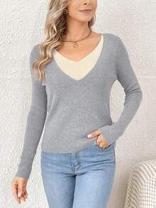 休閒羅紋針織撞色女士毛衣 - 灰色 - 查看 1