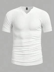 Manfinity Mode Men Simple Solid Color Plain V-Neck Short Sleeve T-Shirt - White - View 3