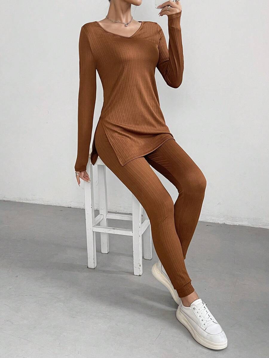 SHEIN Essnce Của phụ nữ Bên Khe Tay áo dài Áo thun Và Xà cạp Bộ - màu nâu - Xem 1