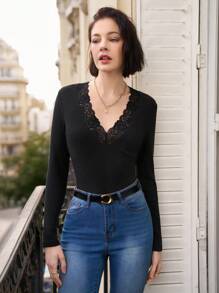 SHEIN Frenchy Women's Lace Patchwork Ribbed Tee - Black - View 4