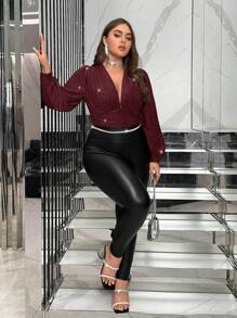 SHEIN Privé Plus Size Metallic Lurex Lantern Sleeve Bodysuit - Burgundy - View 7