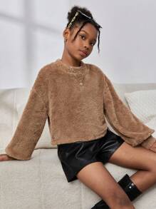 SHEIN Tween Girl Street Fashion Knitted Solid Color Double-Sided Fleece Sweatshirt For Sports - Khaki - View 5