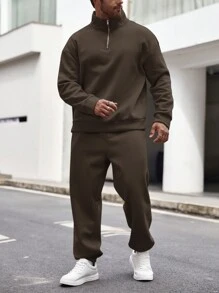 Manfinity Homme 男式加大码拉链半襟落肩运动衫和运动裤两件套 - 咖啡棕 - 查看 4
