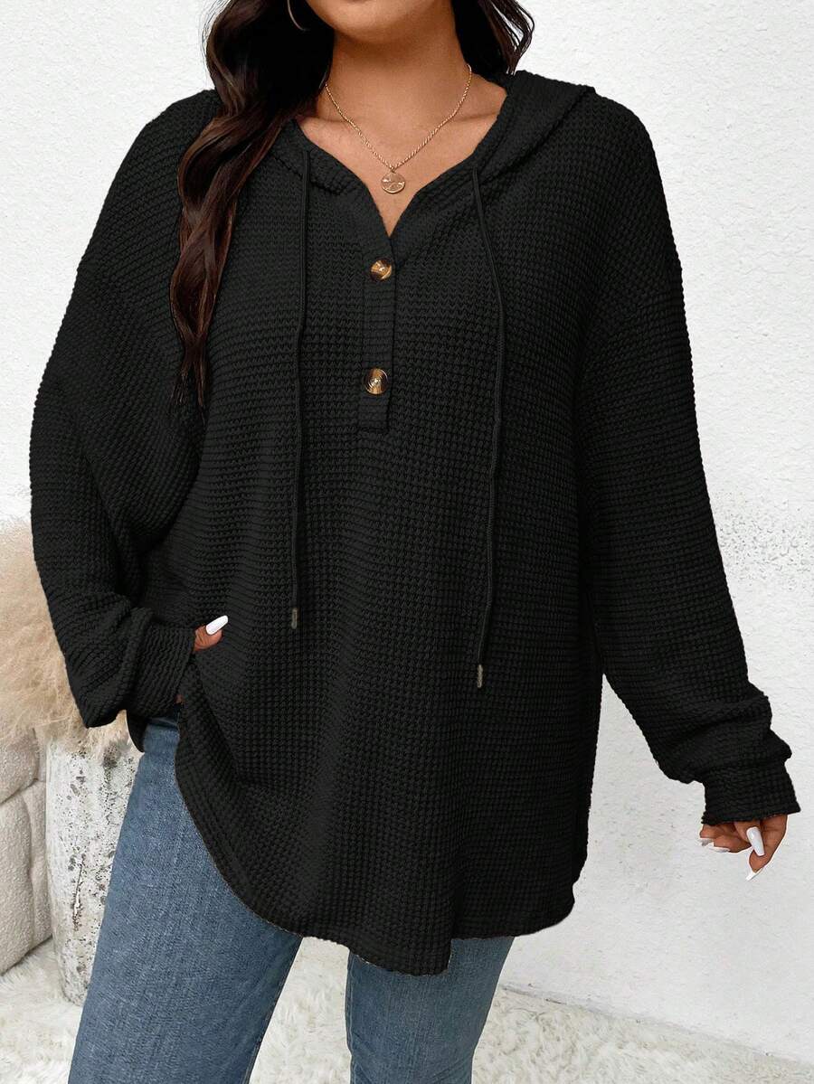 SHEIN CURVE+ 女士加大码纯色落肩抽绳卫衣 - 黑色 - 查看 1