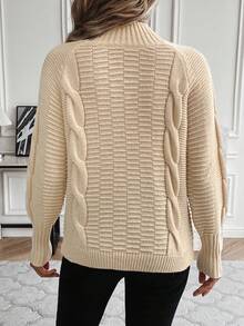 SHEIN LUNE Raglan Sleeves Cable Knit Sweater - Apricot - View 2