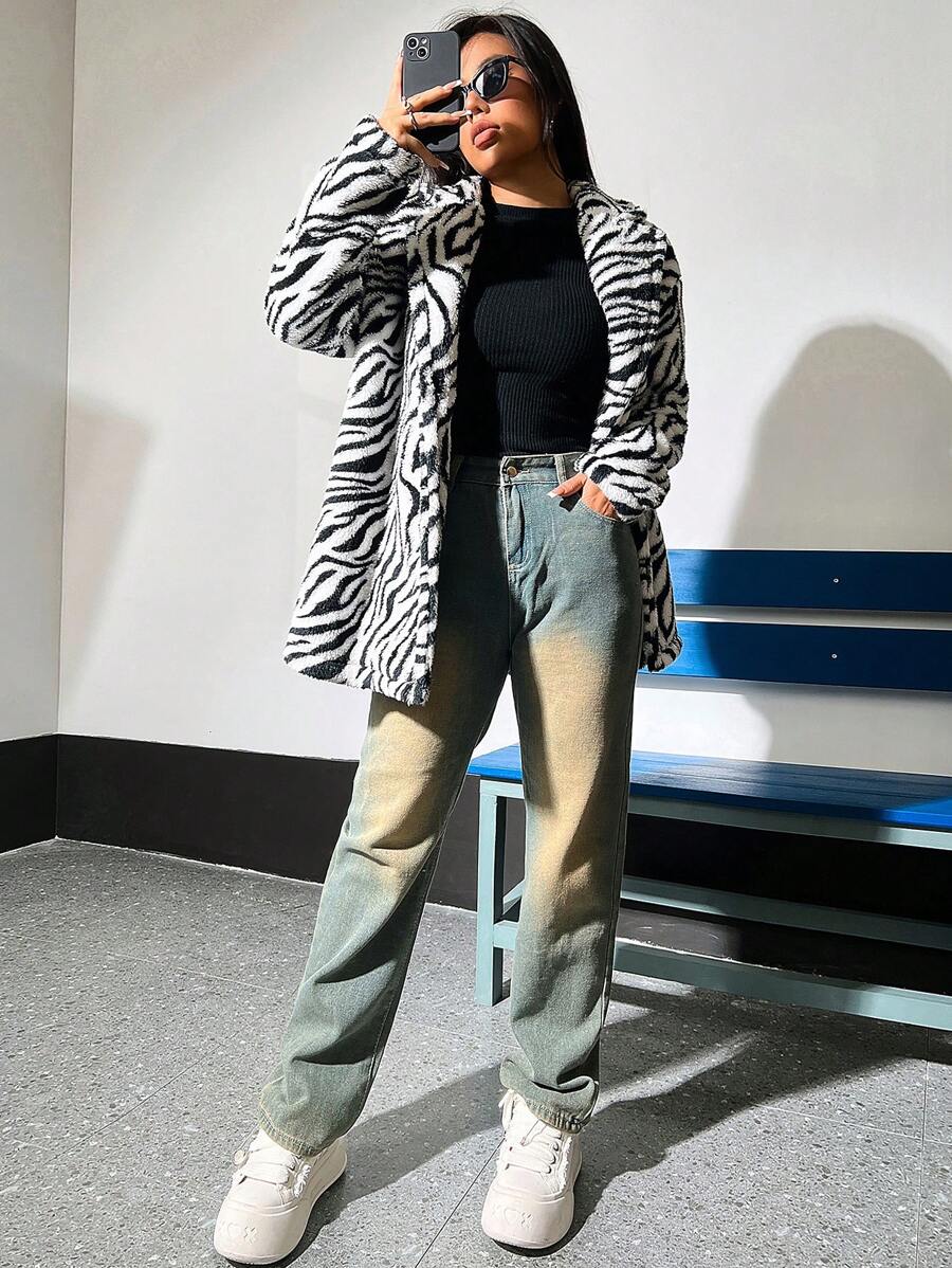 SHEIN Unity 女用毛絨斑馬紋外套 - 黑與白 - 查看 1