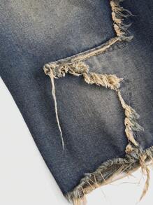 ROMWE Grunge Punk Star Patchwork, Vintage Wash, Loose Fit, Straight Bermuda Denim Shorts, School - Blue - View 3