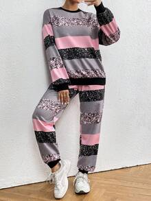 SHEIN LUNE Pattern Printed Color Block Sweatshirt And Sweatpants Set - Multicolor - View 6