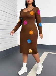 Flirla Plus Size Floral Patterned Sweater Dress With Large Round Neckline