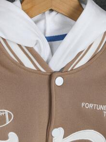 青少年男孩字母刺繡拼色系扣飛行員夾克(不含連帽衫) - 卡其色 - 查看 3