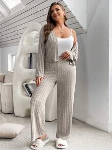 SHEIN Essnce 女士加大號灰色v領長袖褲子兩件套裝 - 杏色 - 查看 3