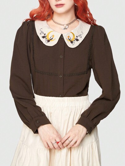 Fairycore Women's Moon Embroidery Patchwork Collar Shirt