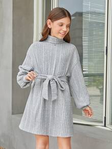 SHEIN Cô gái Dệt kim Màu thuần Cổ áo cao Thắt lưng Lỏng lẻo Đầm - Màu Xám nhạt - Xem 4