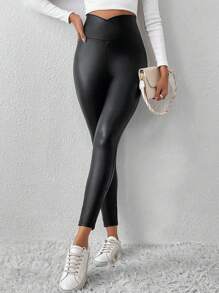 SHEIN Essnce Solid PU Leather Wide Waistband Leggings - Black - View 4