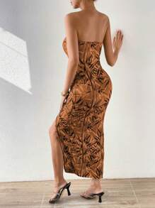 Breezaya Đầm Maxi Cổ Halter In Hình Cây Cối Cắt Ra Có Dây Rút Phía Trước Xẻ Đùi Trang Phục Đi Biển Cho Nữ - Màu Khaki - Xem 2
