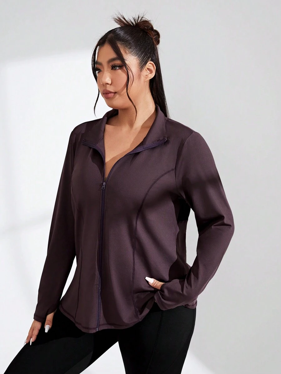 Rhythm Era Plus Size Zipper Front Sports Jacket - Coffee Brown - View 1