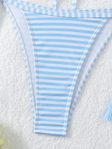 SHEIN Swim 女士条纹荷叶边比基尼套装夏季海滩 - 藍色 - 查看 5