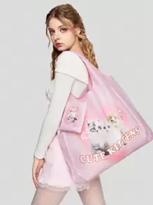 ROMWE Kawaii Cartoon Cat Portable Tote Bag, Water-resistant & Scratch-resistant Women's Handbag - Multicolor - View 1