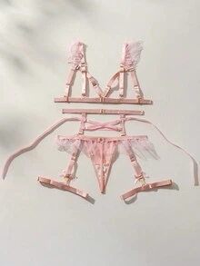SHEIN 女士綁帶對比色性感內衣 - 粉色 - 查看 2